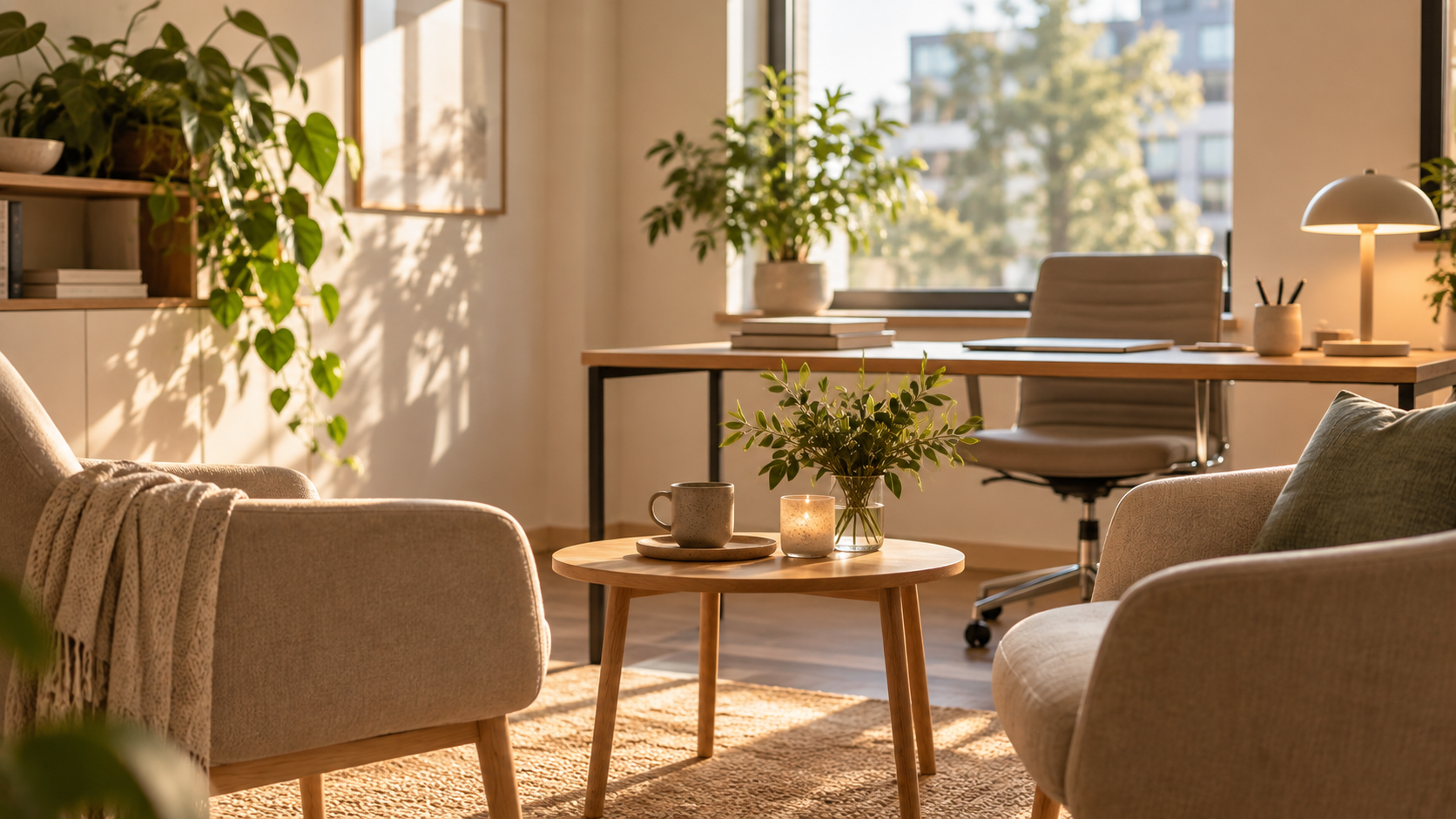 Lyst og roligt samtalerum på en arbejdsplads